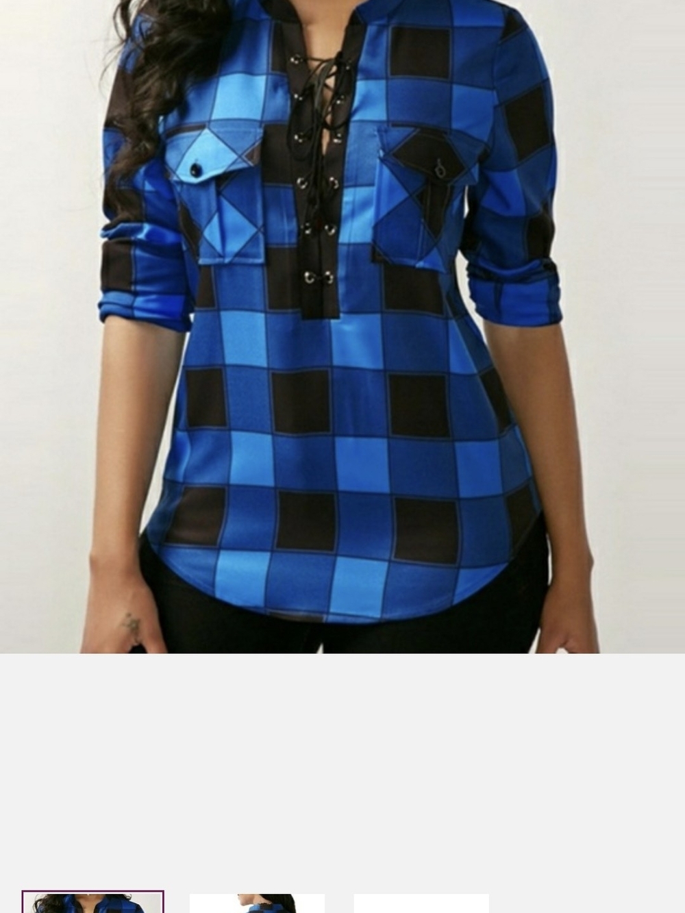 Kissmoda Blue Buffalo Plaid Lace-Up Women's Top 3/4 Sleeve Tie Front Size Large